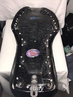 Corbin Motorcycle Seat Black Leather stitched embossed flames. Harley Davidson