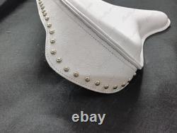 Pure Leather Solo Seat Fit For Harley Davidson White with Skirt & Studs